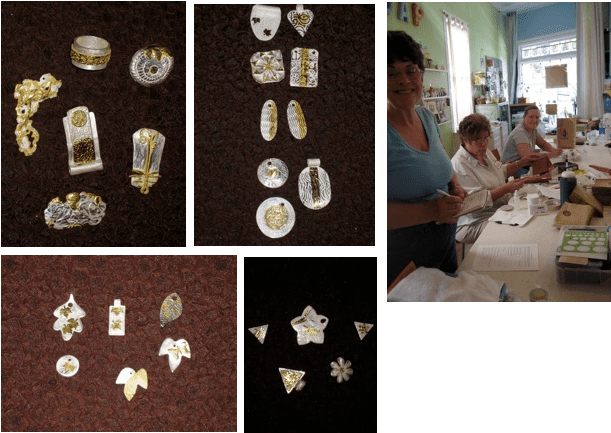 Craft workshop with handmade jewelry and participants.