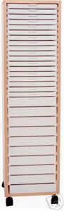 Tall CD rack with multiple shelves.