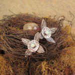 Bird's nest with two silver flower earrings.