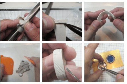Jewelry-making process with various crafting tools.