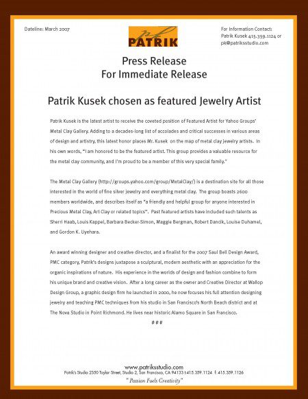 Metal Clay Groups Featured Artist Patrik Kusek