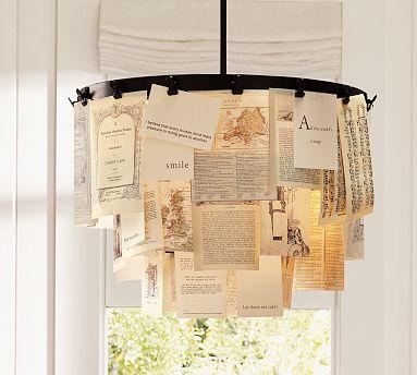 Chandelier made of hanging book pages.