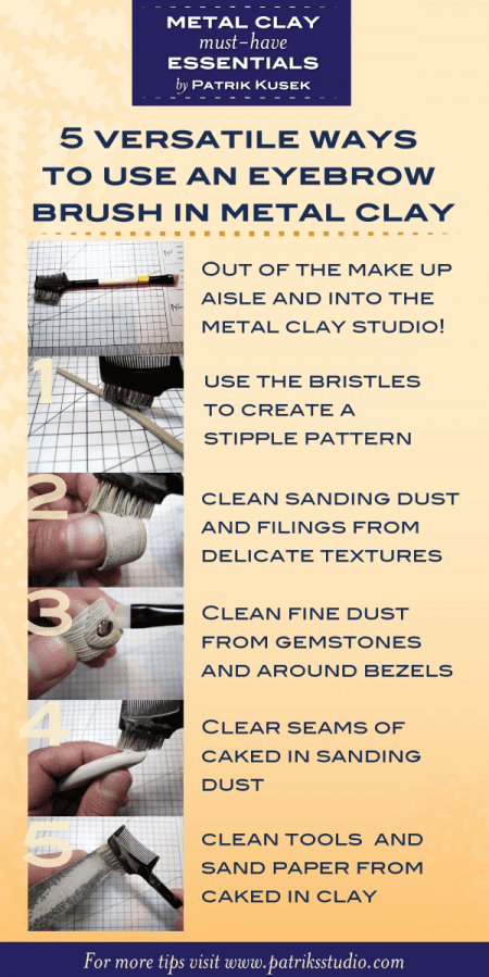 Infographic showing eyebrow brush uses in metal clay.