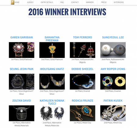 Award-winning jewelry designs with winner names.
